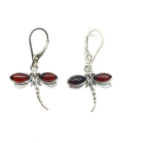 Dragonfly Cherry Amber Silver Dangle Earrings for wholesale by Amberman