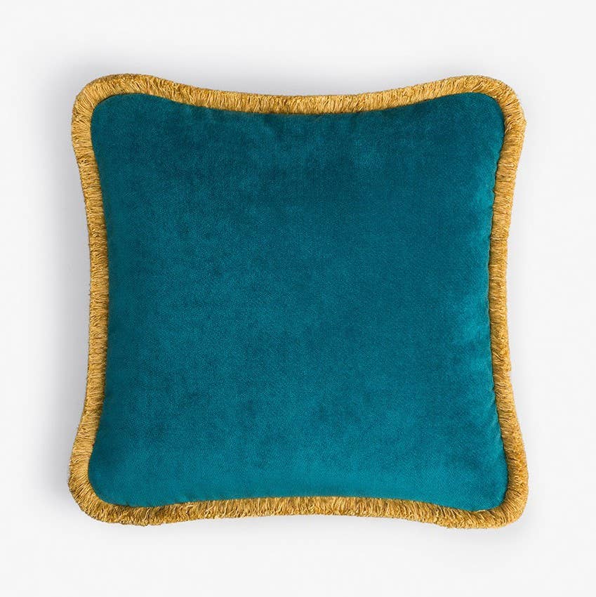 Lo Decor - Vente Coussin décoratif - Coussin Happy en velours fuchsia avec franges rouges5