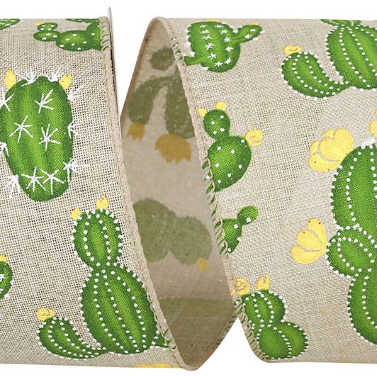 Cactus With Flowers Linen Wired Edge, 2-1/2 In, 10 Yards for wholesale by RELIANT RIBBON