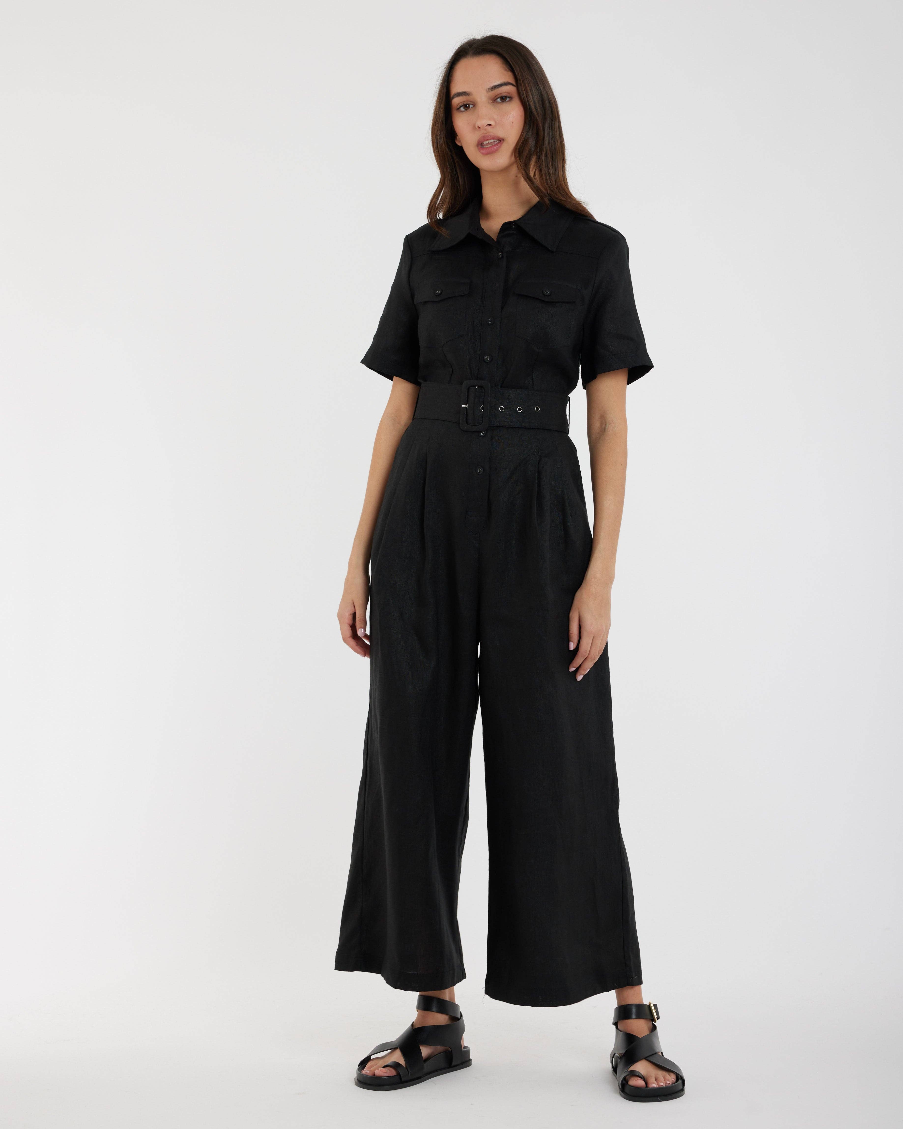 Portsea Linen Jumpsuit - Black for wholesale on Faire2