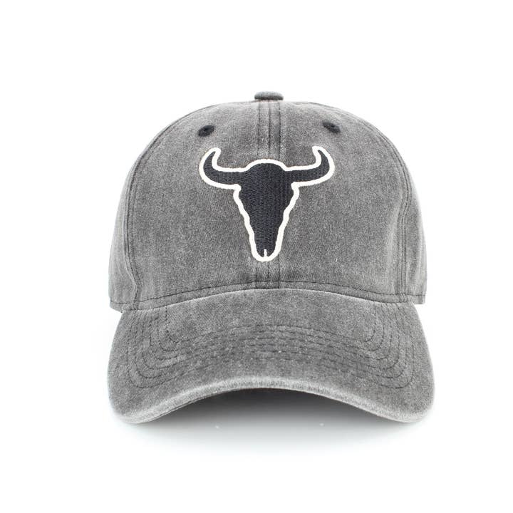 Washed Black Strapback Cap with Bison Logo ABBH 19 2508 for wholesale by Leather Impressions Inc