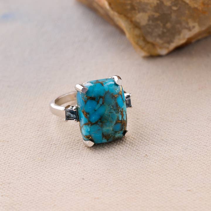 Blue Copper Turquoise 925 Sterling Silver Gemstone Ring for wholesale by Tiramisu