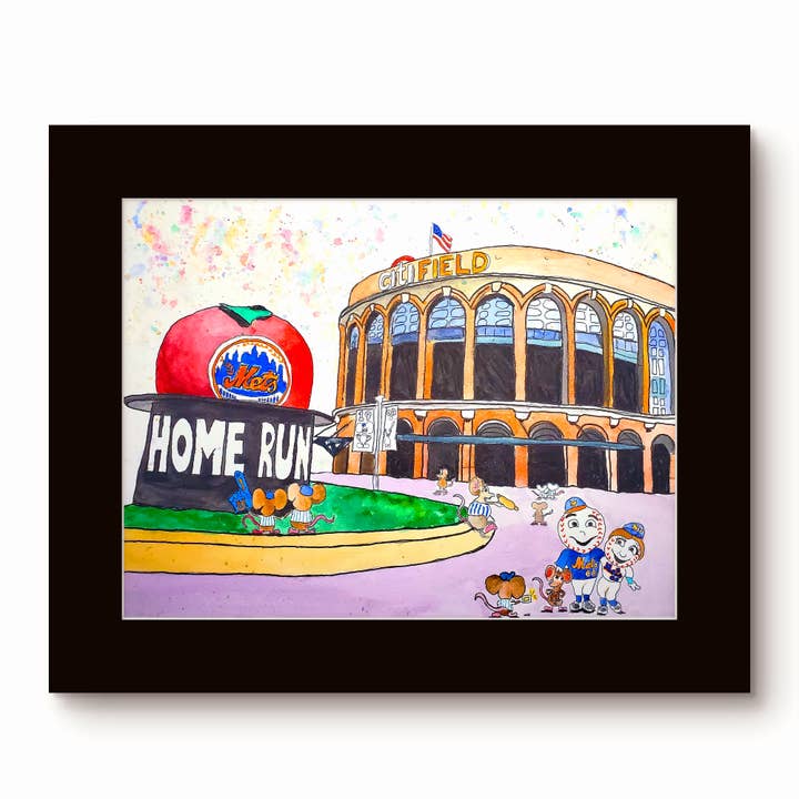 "O Mets-Citi Field"-ARTE Impressa-PINTURA À MÃO EM AQUARELA por atacado de Johnnerdraws