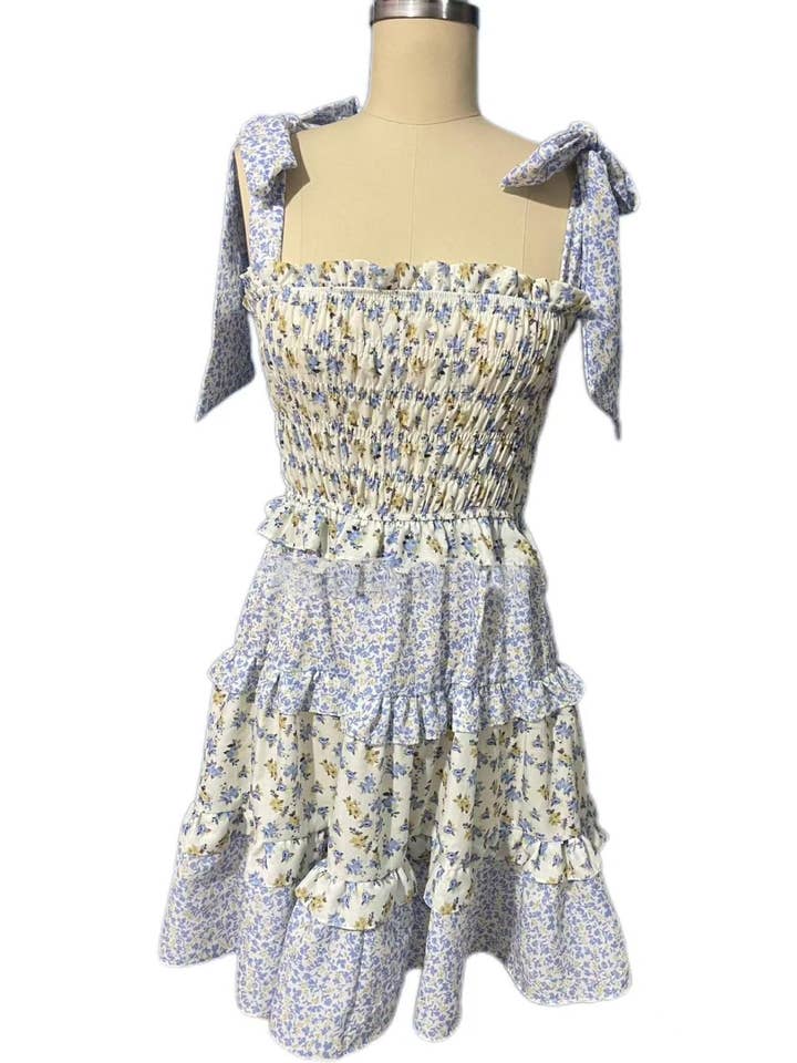 Rosa Clothing - Wholesale Dress - Women's - Floral Smocked bodice tiered mini sundress w bow straps