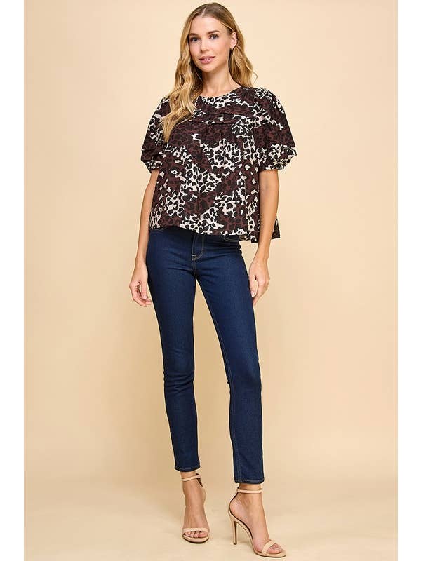 TCEC - Wholesale Blouse - Women's - CT9173-Cheetah Print Pleated Yoke Line Top