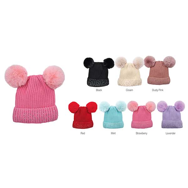 Majestic Wholesale - Wholesale Beanie - Kids - Kids Pom Pom Winter Hat w/ Stones – Assorted Colors0