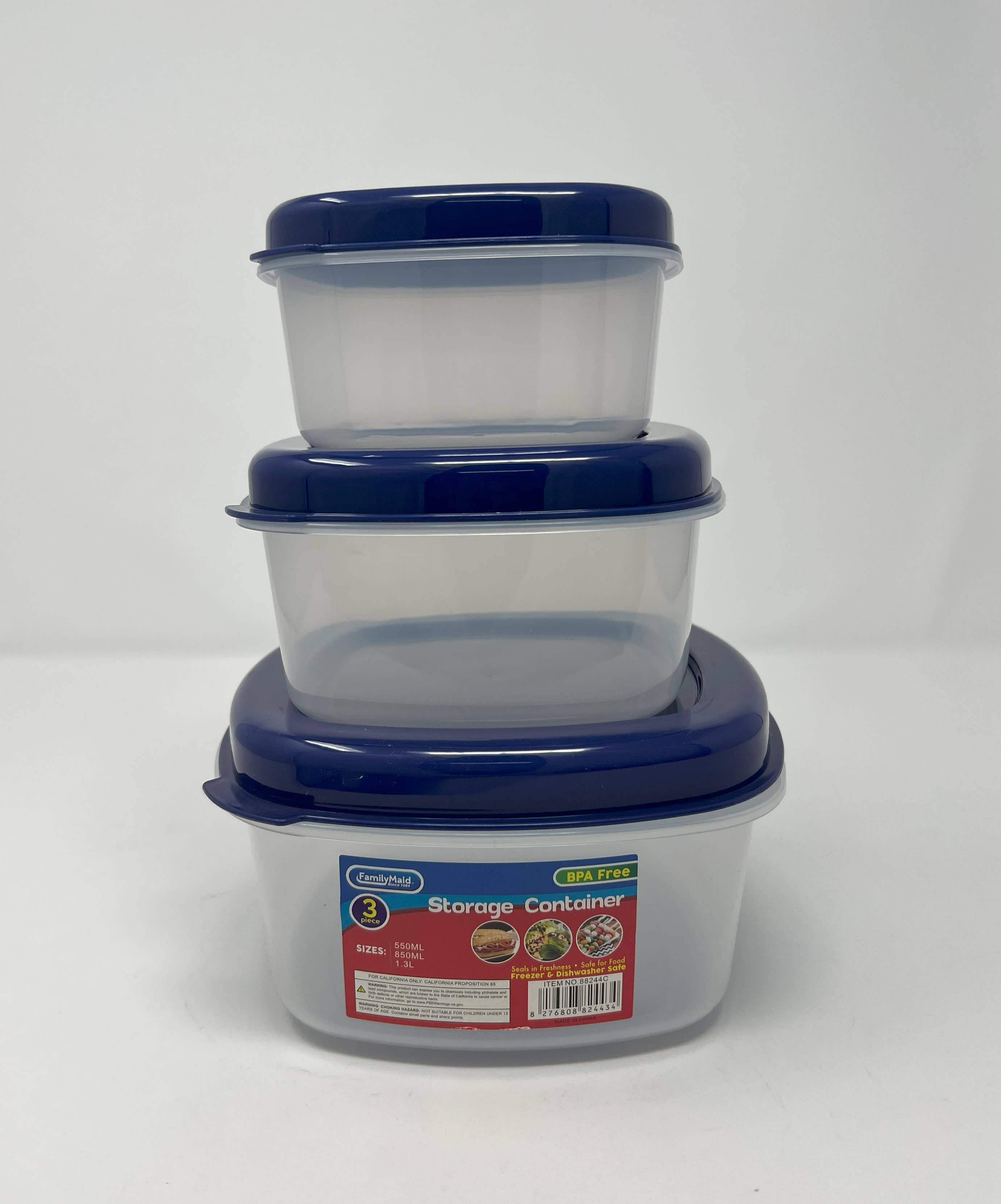 USA HomeMax - Vendita all'ingrosso Contenitori per alimenti - Contenitore quadrato trasparente da 3 pezzi con coperchio blu1