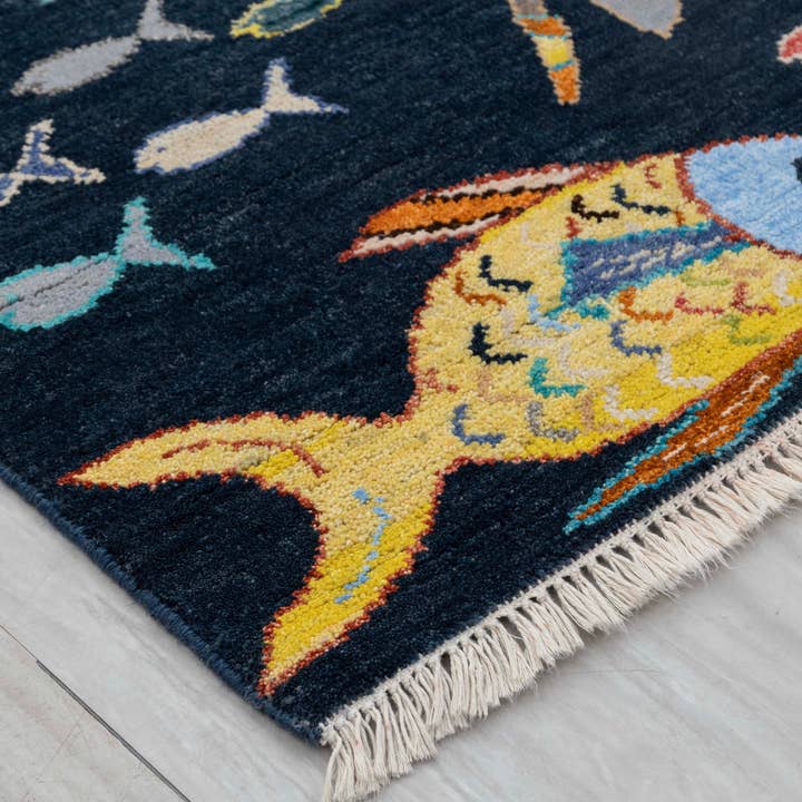 Aesthetic Homes LLC - Wholesale Area rug – Kids & Baby - 5x7 Navy Blue Wool Kids Rug with Fish Design 38336
