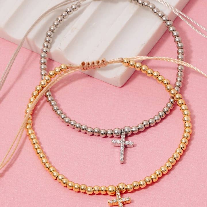 Cz Pave Cross Charm Beaded Cord Bracelet for wholesale by The Looks by Fame Accessories