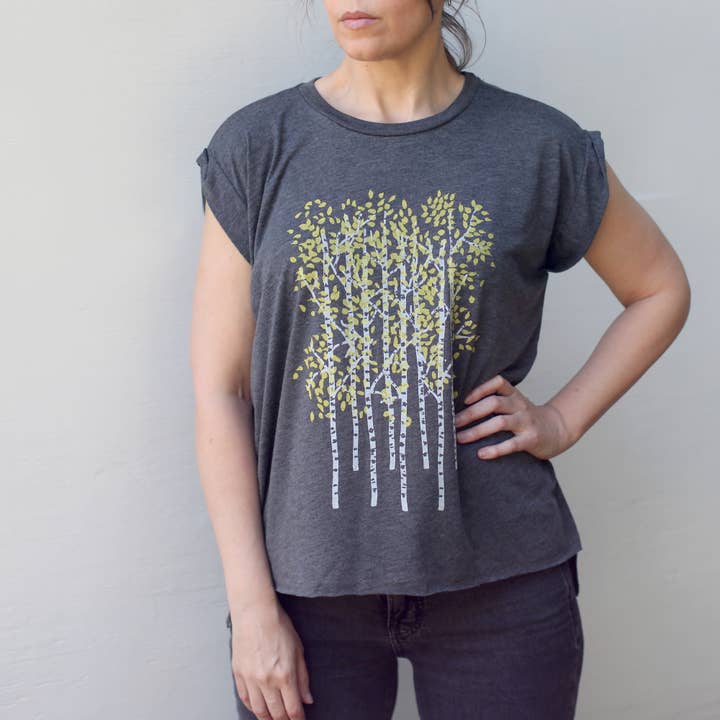 Blackbird Supply Co. - Wholesale Screen Printed T-Shirt - Women's - Aspen Trees Fall Leaves Rolled Cuff Muscle Tee Heather Gray4
