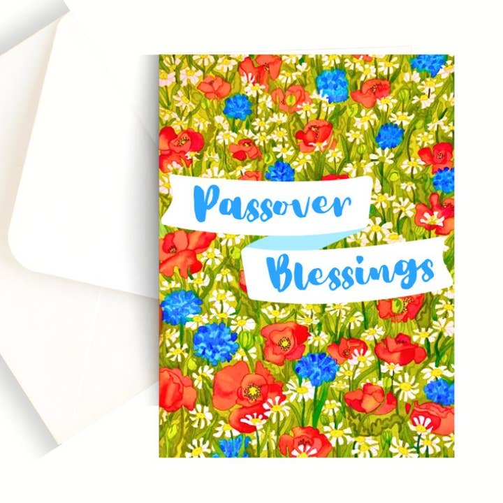 Biglietto di auguri ad acquerello con benedizioni della Pasqua ebraica vuoto per la vendita all'ingrosso da parte di Chloe Marie Hourdequin Designs