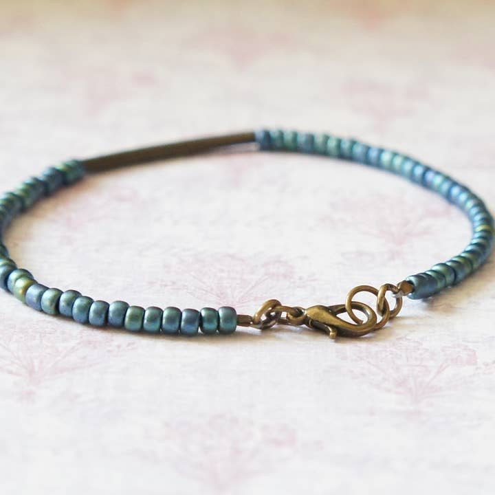 Sentimento - Vente Bracelet de perles - Bracelet en perles de rocaille turquoise et bleues et barre en bronze5