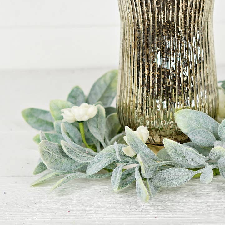 Impressive Enterprises, Inc. - Wholesale Artificial Flowers - 35265- 14in(6.5)Wreath-Lamb Ears with Cream Ranunculus4