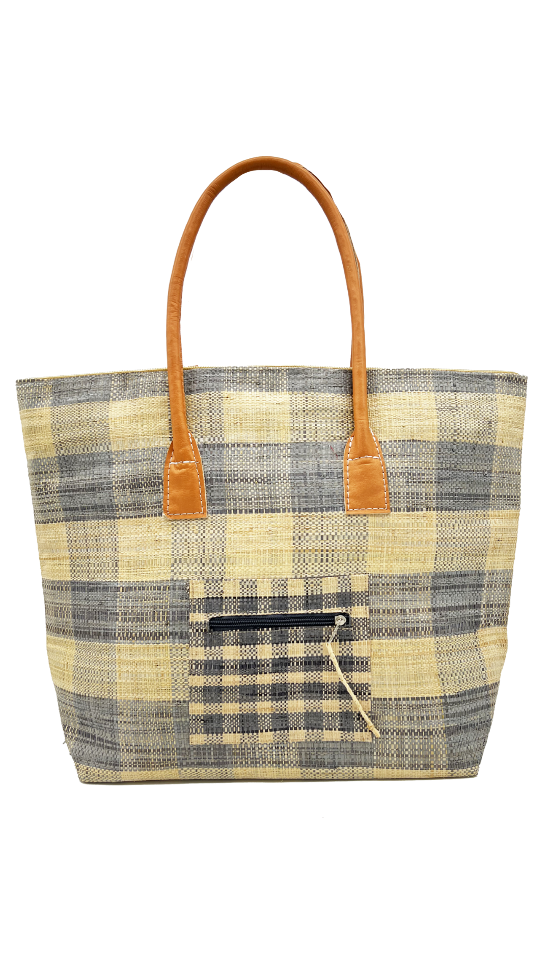 Wholesale Nador Gingham Zippered Straw Tote Bag Packs Flat! for