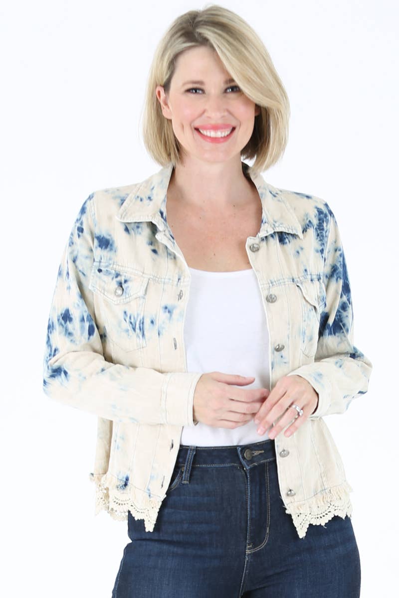 E2T83-ASIS BLEACH TIE DYE WASH DENIM JACKET WITH LACE HEM for wholesale on Faire10