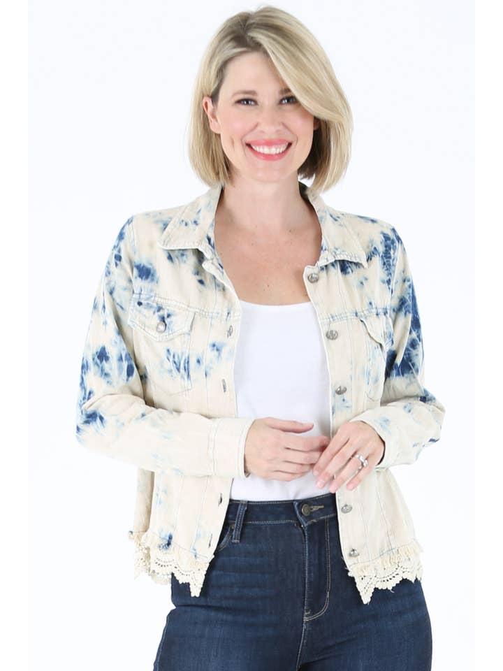 E2T83-ASIS BLEACH TIE DYE WASH DENIM JACKET WITH LACE HEM for wholesale on Faire10