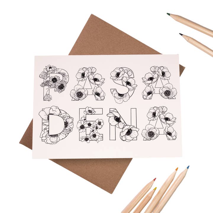 Pasadena Blooming Alphabet Coloring Card for wholesale by Hello Little Milly