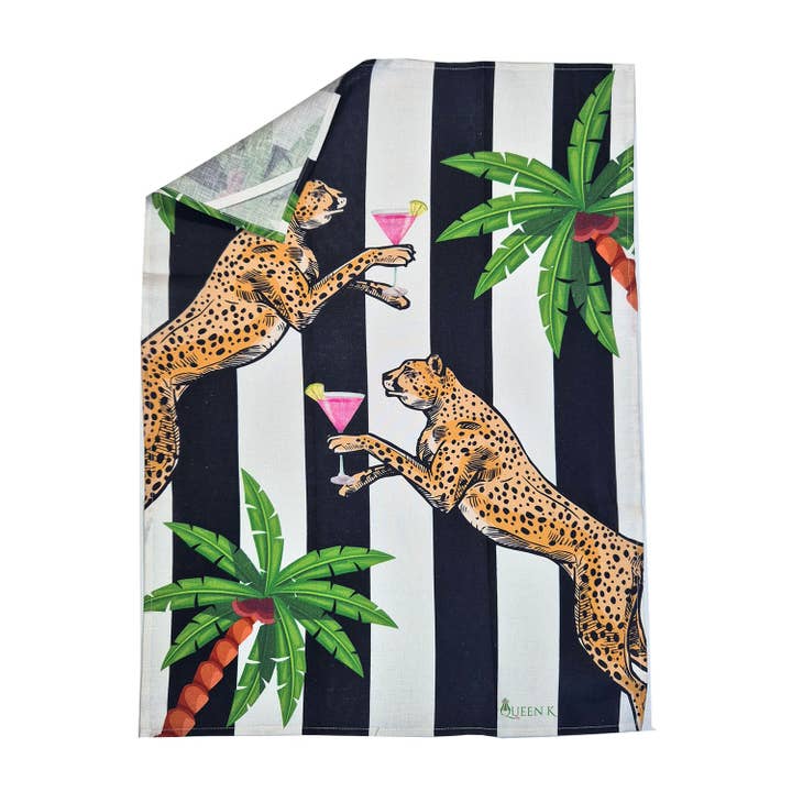 Queen K - Wholesale Tea towel - Cocktail Cheetah Black & White Striped 100% Linen Tea Towel3