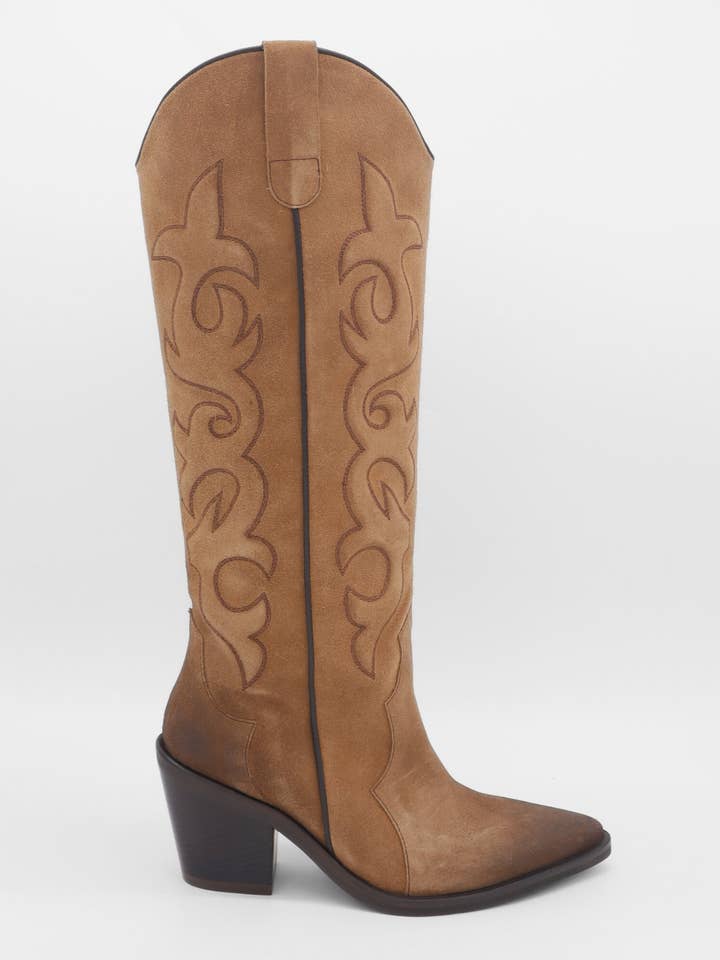 Elora western cowboy boot in mocha suede leather women shoe for wholesale by STIVALI NEW YORK