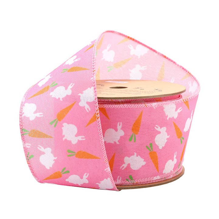 2 1/2" trådbånd | Lys pink med kanin og gulerødder | 10 yard rulle for engroshandel hos LA Ribbons Wholesale