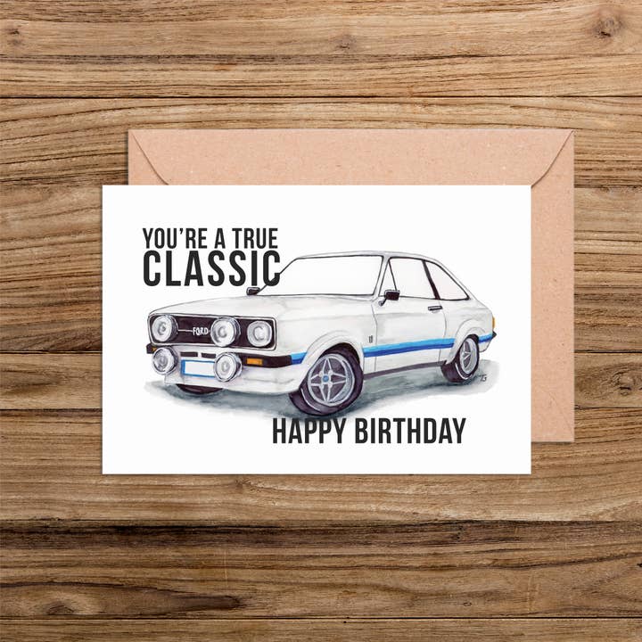 Typhoon Studios – Engroshandel Fødselsdagskort – Tillykke med fødselsdagen Ford Escort MK 2 Du er et ægte klassisk kort1