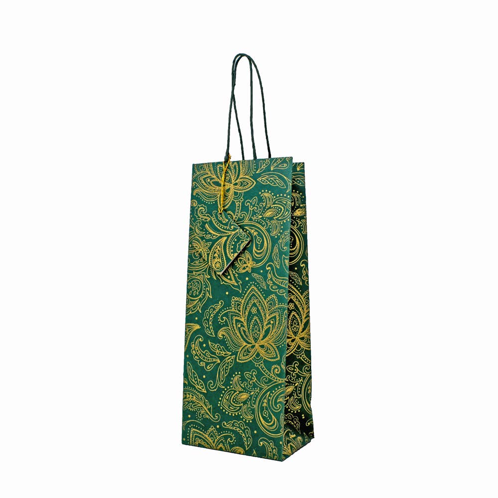 Fair to Trade Ltd – Saco de presente por atacado – Saco de Presente de Papel Lokta Feito à Mão Verde/Dourado Paisley para Garrafa4