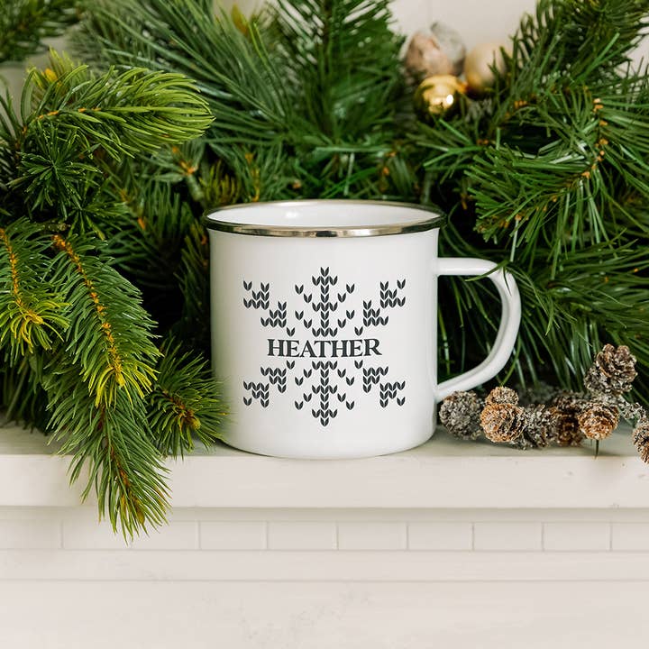 Weddingstar Inc. – wholesale Coffee mug – Personalized Wht Enamel SS Coffee Mug-Knit Sweater Snowflake1