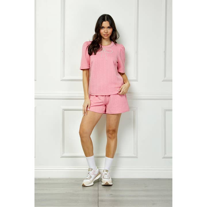 Pearl Ribbon Trim Textured Short Sleeve Set for wholesale by Veveret