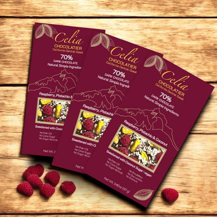 CELIA CHOCOLATIER - Wholesale Chocolate Bar - 70% Dark Chocolate | Raspberry, Pistachio, Coconut 2