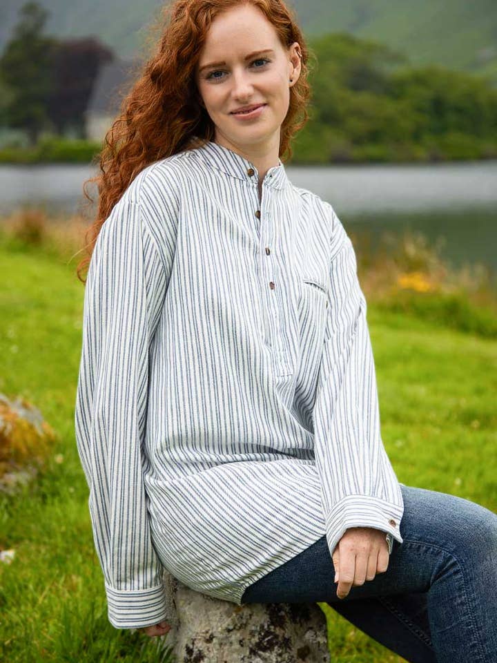 Lee Valley Ireland – Engroshandel Skjorte med buttondown – Mænd – Lee Valley Ireland bedstefarskjorte i flannel med blå og elfenbensstriber (LV2)2