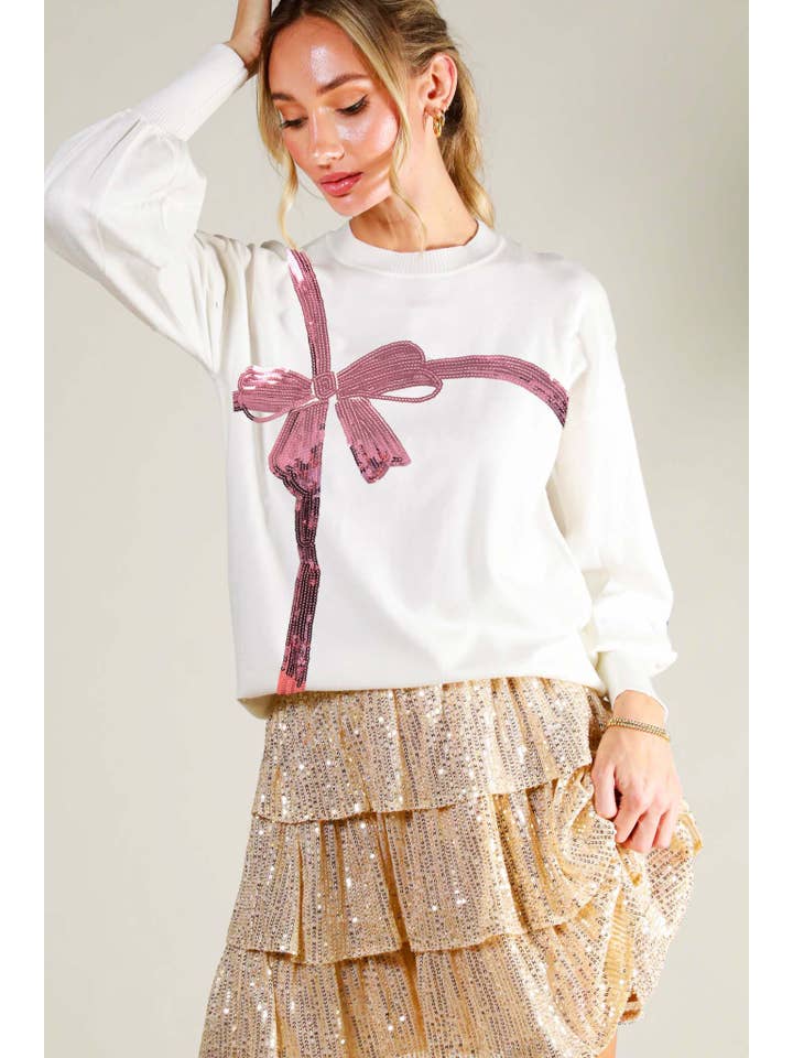 Vine & Love - Wholesale Knit Sweater - Women's - Bow Embroidered Sequin Trim Knitted Sweater Top VT81862