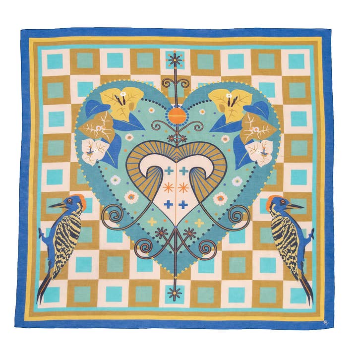 Sciarpa quadrata di lusso blu e oro in seta di cotone italiano | Sciarpe artistiche originali di ispirazione haitiana di piccola impresa di proprietà femminile | Goave Veranda per la vendita all'ingrosso da parte di ZILEM