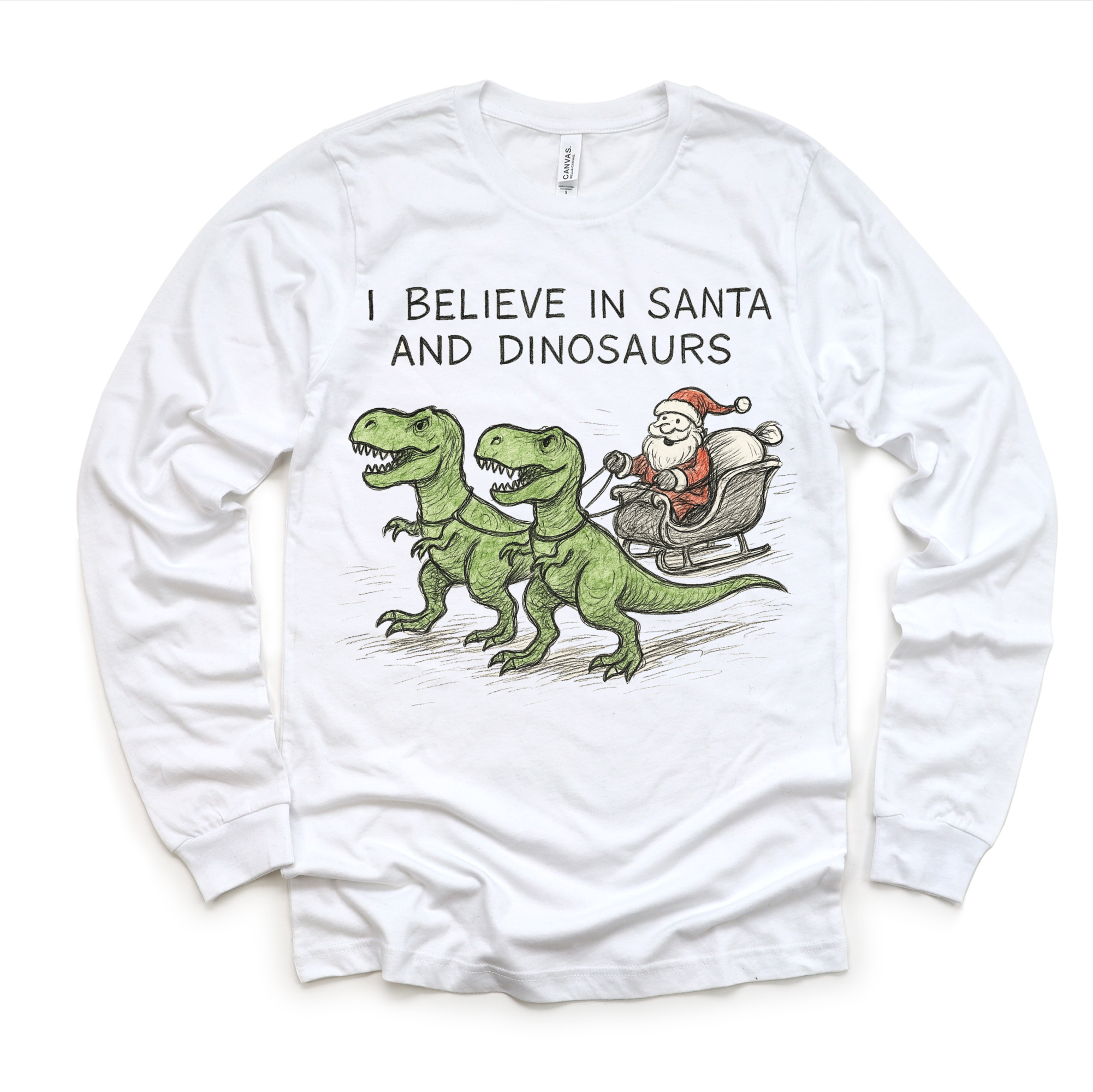 Madi Moosh - Wholesale Screen Printed T-Shirt - Kids - I Believe In Santa And Dinosaurs Christmas T-Shirt - Sketch Art Tee3