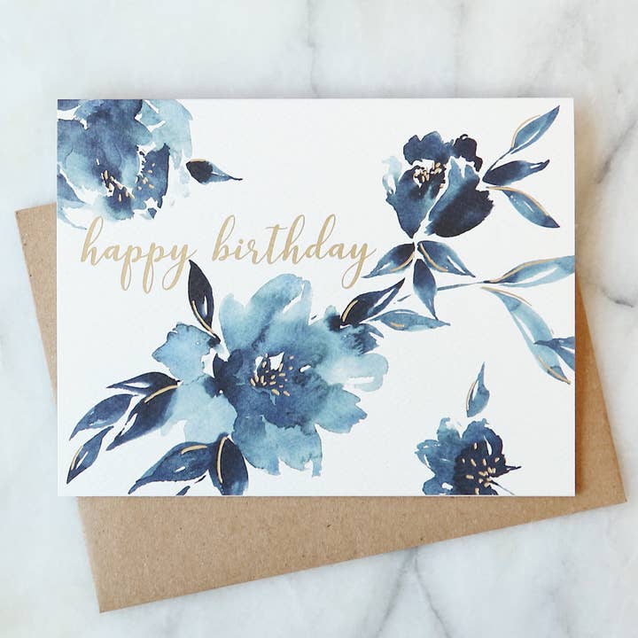 Abigail Jayne Design - Wholesale Birthday Card - Indigo Floral Birthday Greeting Card