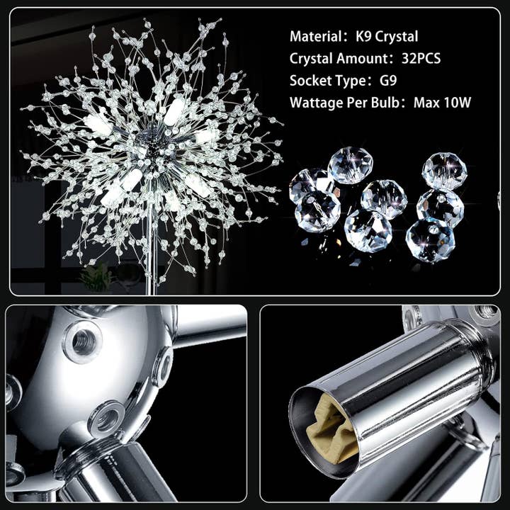 Silver Crystal Floor Lamp for Bedroom, Floor Lamp for Living Room, Elegant Standing Lamp, 69" Tall Pole Lamp, Modern Floor Lamp for Room Decor, 32 Firework Crystal Harnesses Included, Chrome Finish for wholesale on Faire