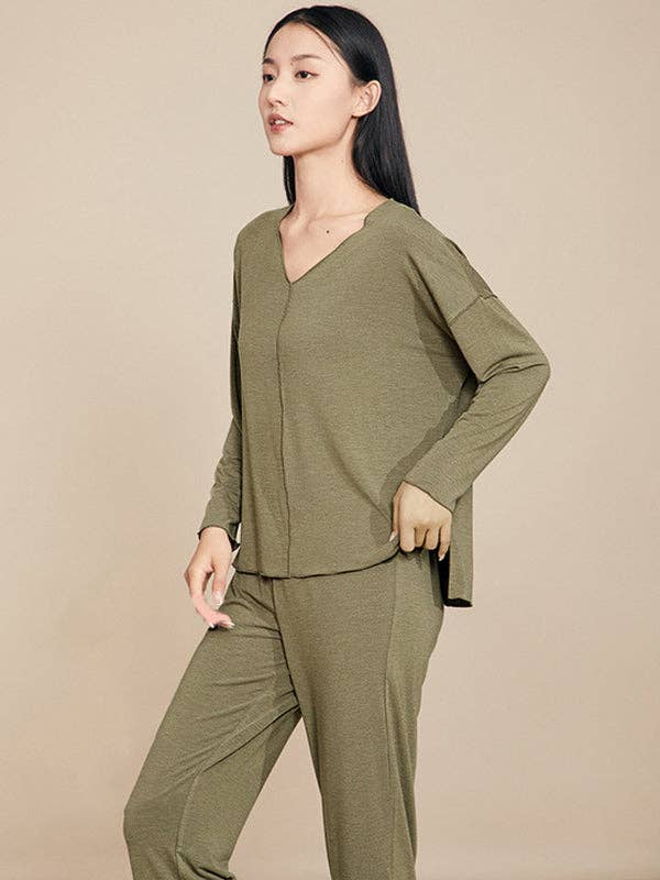 VividLux – wholesale Sleepwear set – Women's – Casual High-Low Solid Color V-Neck Pajama Set8