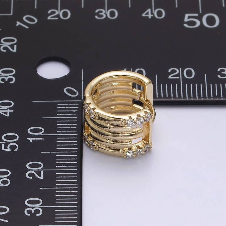 Aim Eternal - Wholesale Huggie Earrings - 14K Gold Filled Clear Micro Paved Lined Multiple Band Bamboo Wide 14mm Huggie Earrings | AE5492