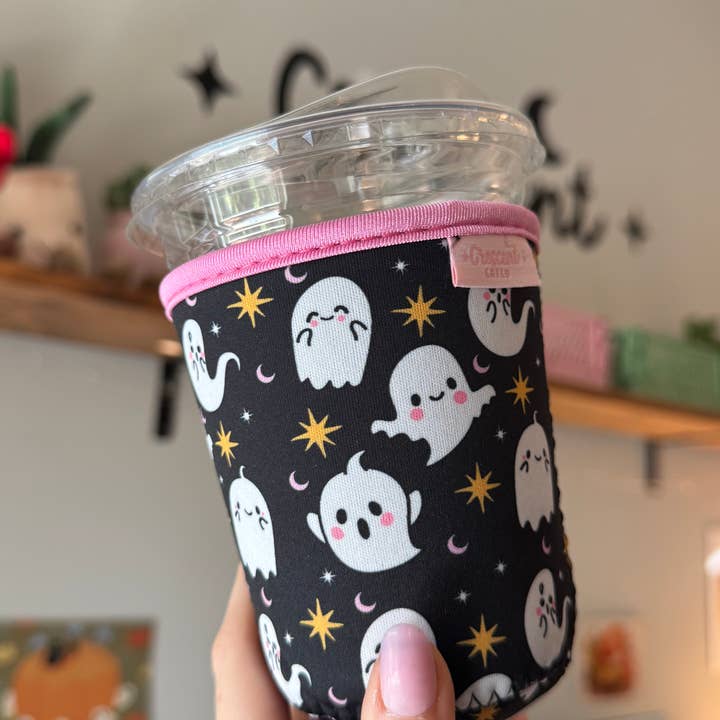 CrescentCatCo - Wholesale Drink Huggers & Koozies - Spooky Cute Ghosts Halloween Iced Coffee Drink Sleeve2