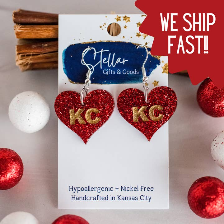 KC Football - KC Heart Dangles Red & Gold Glitter Kansas  for wholesale by Stellar Gifts & Goods Wholesale