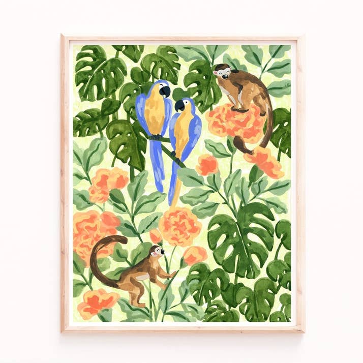 Impression d'art tropical, singes et perroquets, art de la jungle, botanique pour la vente par Sabina Fenn