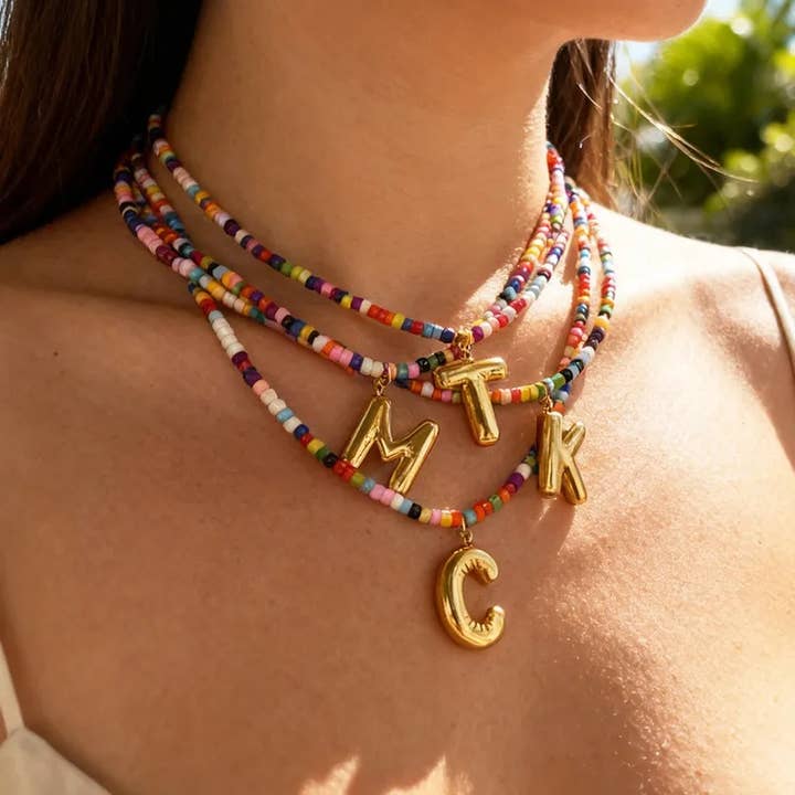 Gold Plated Letter Pendant Beaded Necklace Jewelry for wholesale by Sweet Cherry Sky