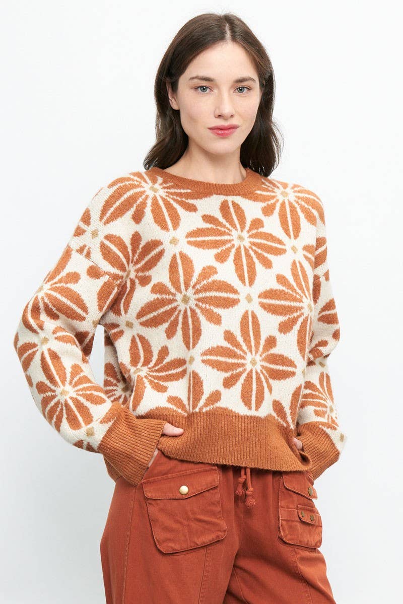 Newbury Kustom - Wholesale Knit Sweater - Women's - 11163-Floral Pattern Crew Neck Sweater1