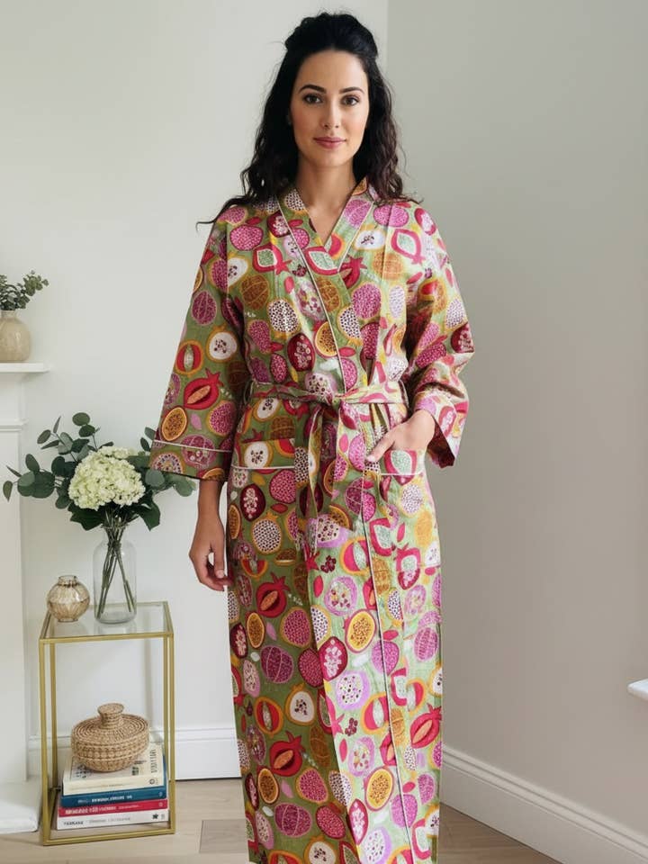 Green Pomegranate Block Print 100% cotton Robe for wholesale by AMRANIS