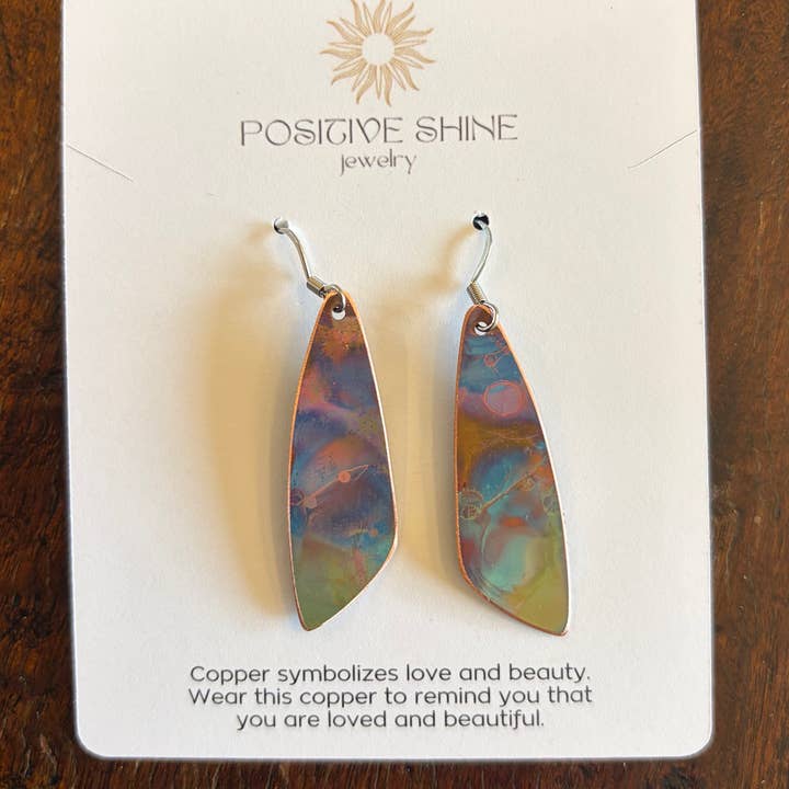 Freeform triangle fire painted copper earrings for wholesale by Positive Shine Jewelry