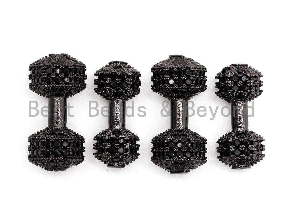 BestBeads&Beyond – wholesale Individual charm/pendant – Black CZ Pave Dumbbell Micro Pave Beads, Cubic Zirconia Spacer Beads, Fitness Barbell Spacer, Men's Bracelet Charms, 6x16/7x17mm sku#G3300
