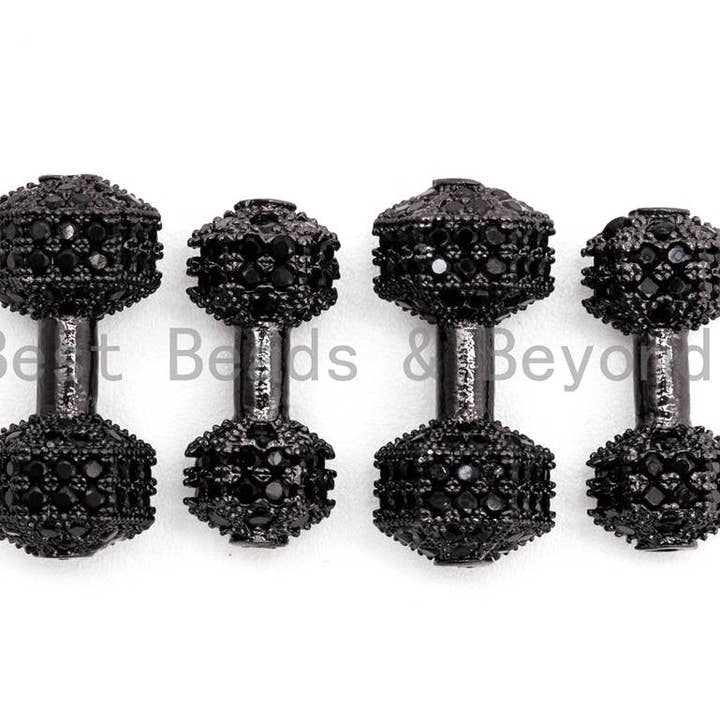 BestBeads&Beyond – wholesale Individual charm/pendant – Black CZ Pave Dumbbell Micro Pave Beads, Cubic Zirconia Spacer Beads, Fitness Barbell Spacer, Men's Bracelet Charms, 6x16/7x17mm sku#G330