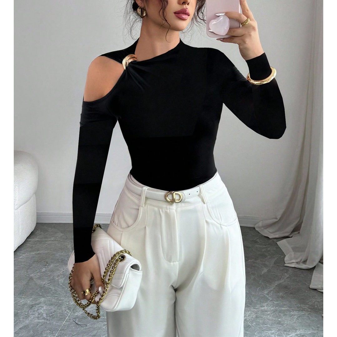 UNISHE - Wholesale Blouse - Women's - Asymmetrical Neck One-Shoulder Metal Decor Fitted Top ZK36710