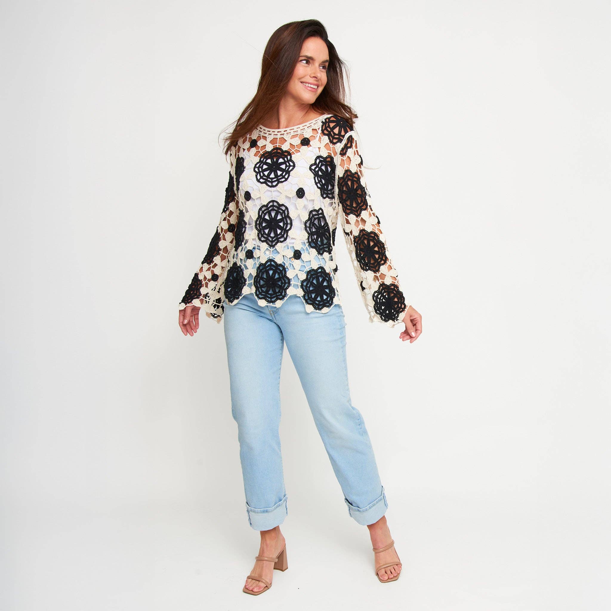 Elsie & Zoey – wholesale Pullovertröja - Dam – Stickad Tröja Blair Långärmad Virkad Blommig Bomullsblandning6