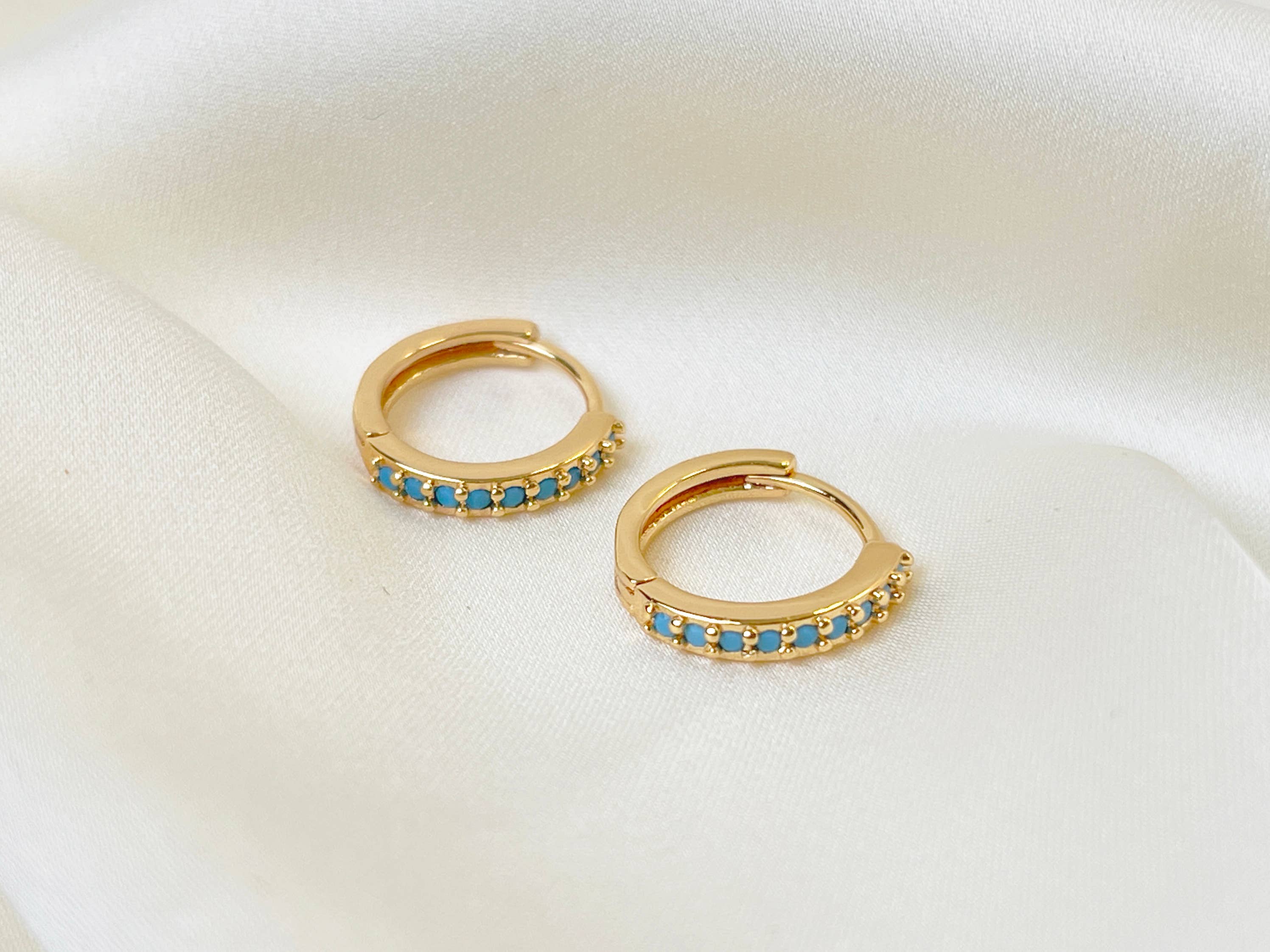 Melange Blanc - Wholesale Huggie Earrings - E138 Paved turquoise huggie hoop earrings, gold hoops8