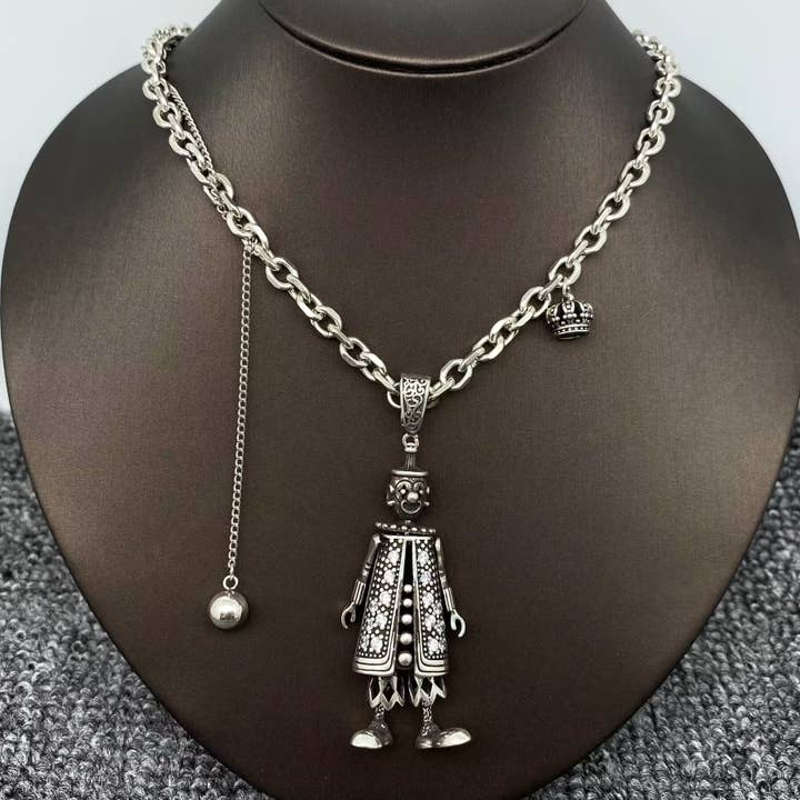 Inlaid CZ Silver Plated Movable Clown Charm Necklace - GT for wholesale by Mio Queena